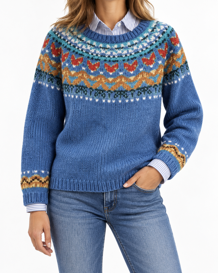 Velve | Blue Classic Vintage Jumper with Nordic Pattern — Elina Dublin studio photograph