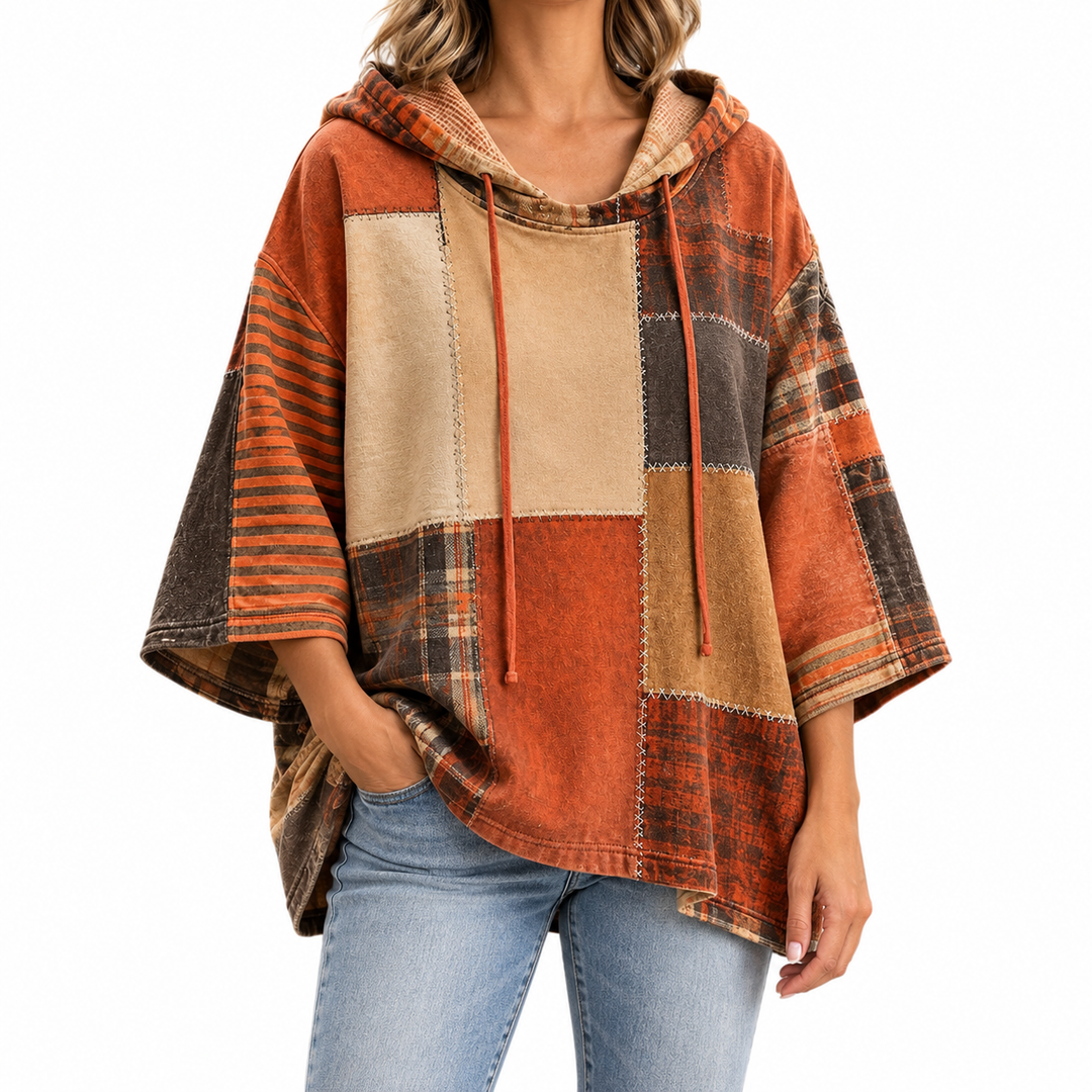 Women's Artistic Patchwork Hoodie — Elina Dublin studio photograph