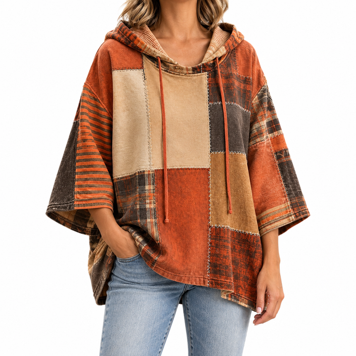 Women's Artistic Patchwork Hoodie — Elina Dublin studio photograph
