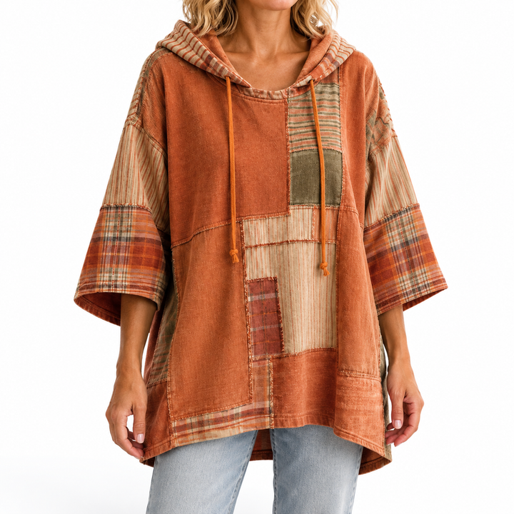 Autumnal Artistic Patchwork Hoodie — Elina Dublin studio photograph