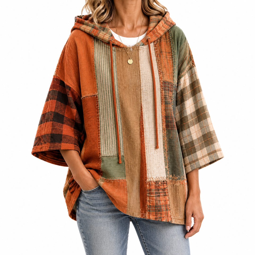 Women's Autumnal Patchwork Hoodie — Elina Dublin studio photograph