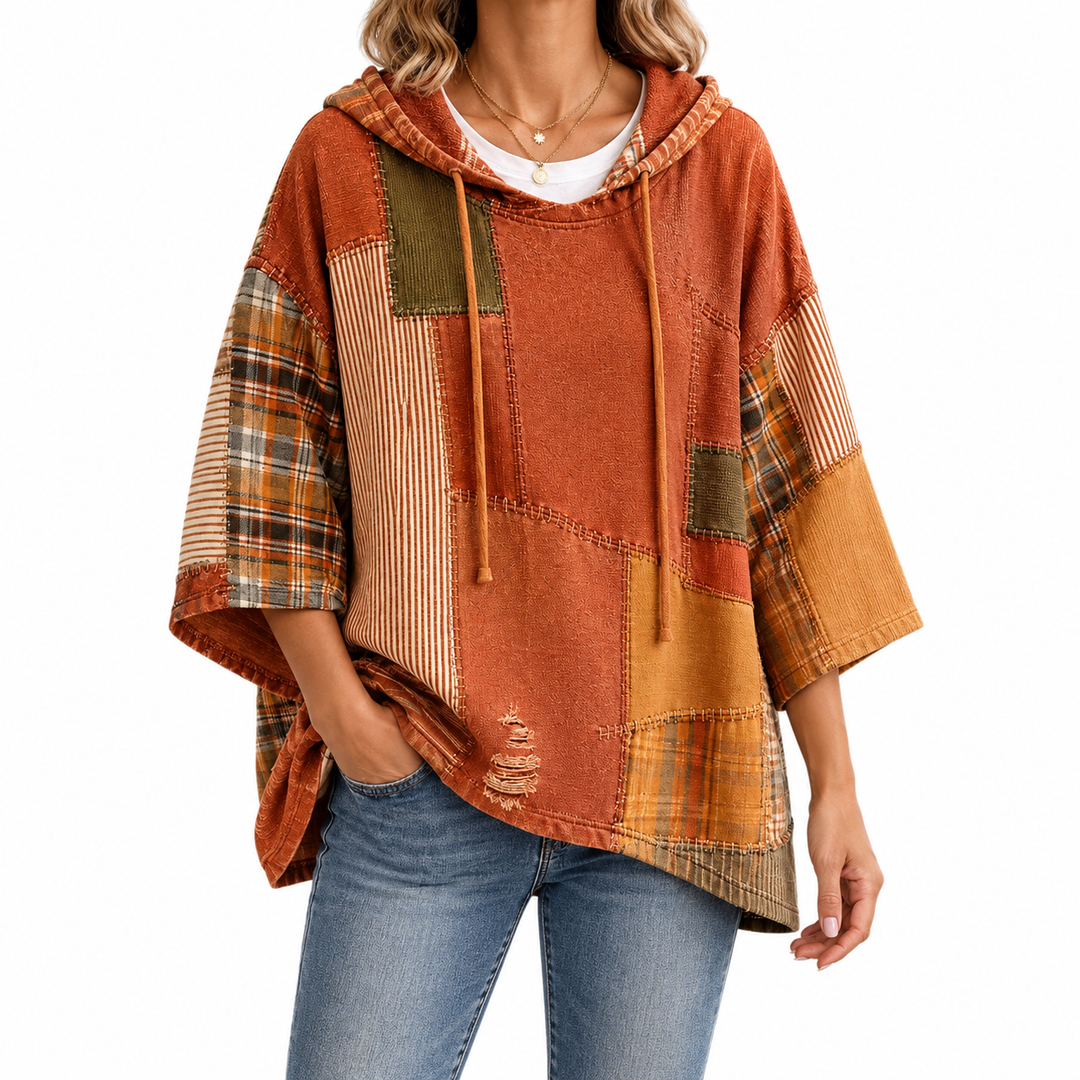 Women's Autumn Artistic Patchwork Hoodie — Elina Dublin studio photograph
