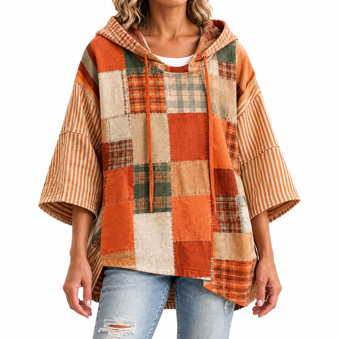 Autumn Patchwork Hoodie with Artistic Pattern — Elina Dublin studio photograph