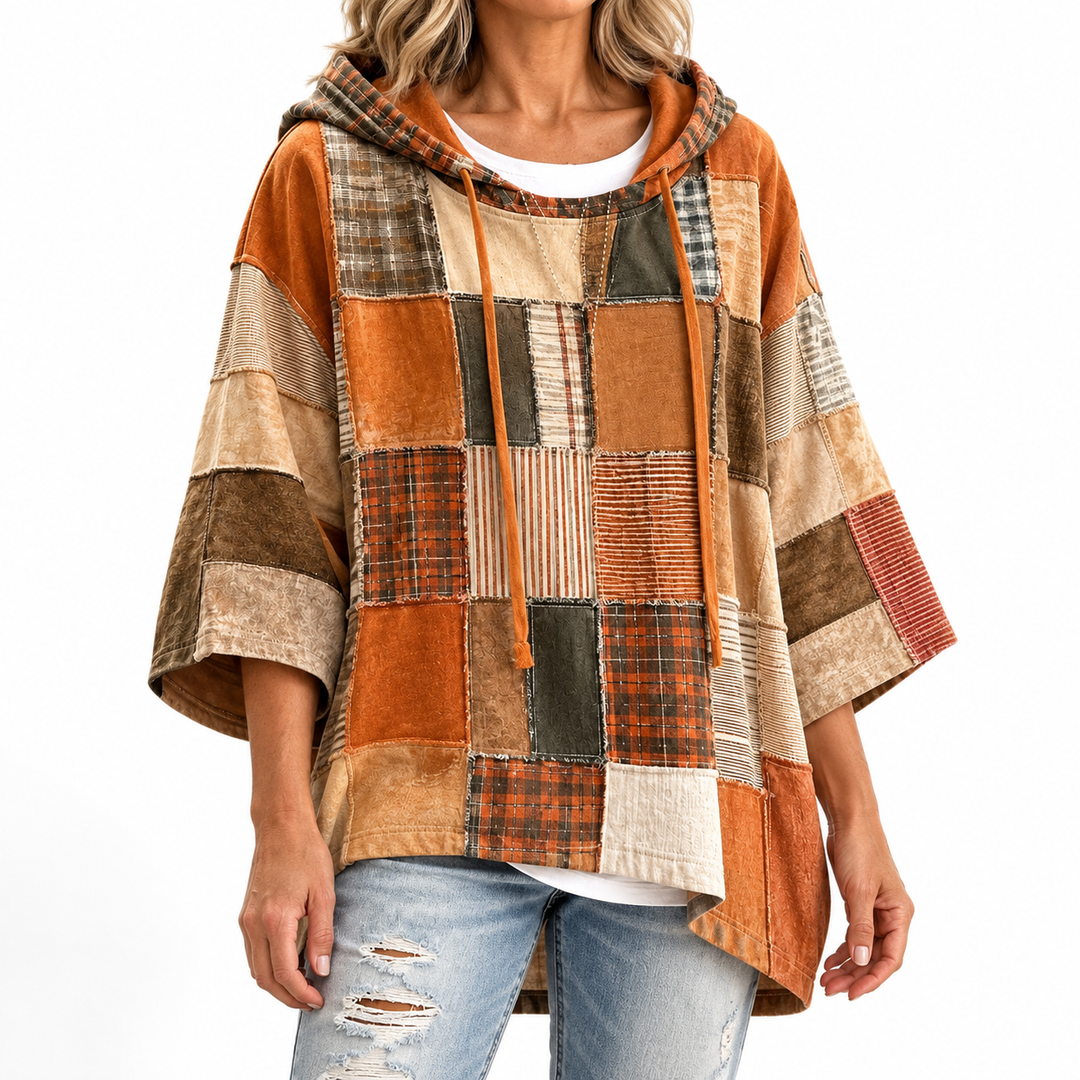 Artistic Patchwork Hoodie in Autumn Tones — Elina Dublin studio photograph