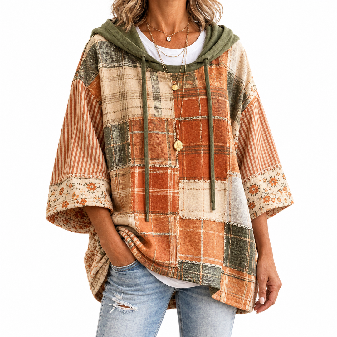 Women's Autumn Patchwork Hoodie — Elina Dublin studio photograph