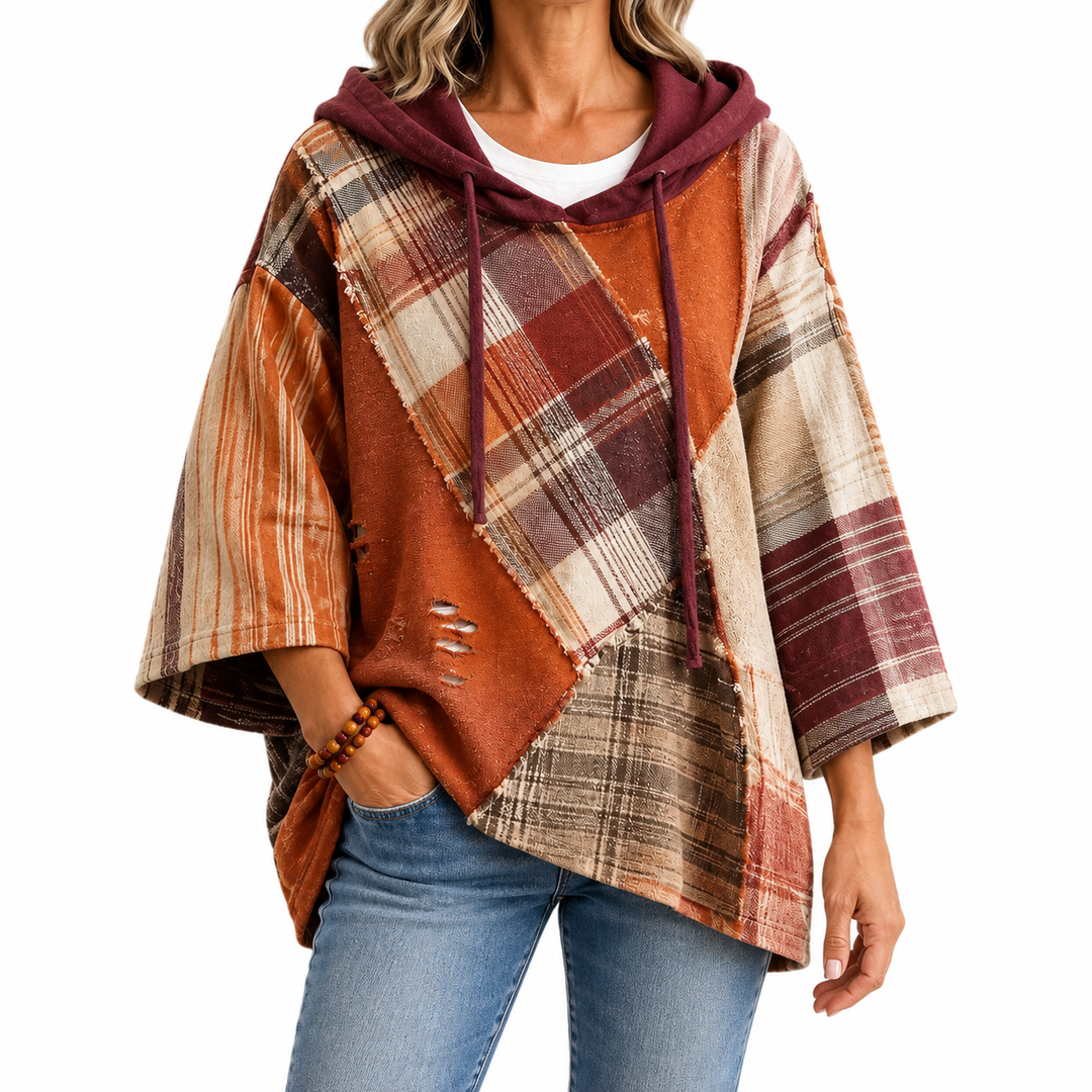 Women's Autumn Patchwork Hoodie — Elina Dublin studio photograph