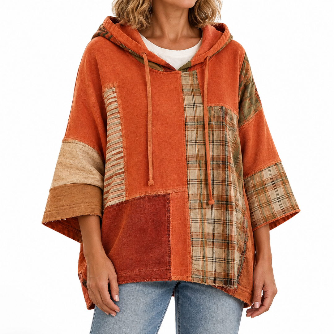 Artistic Autumn Patchwork Hoodie — Elina Dublin studio photograph