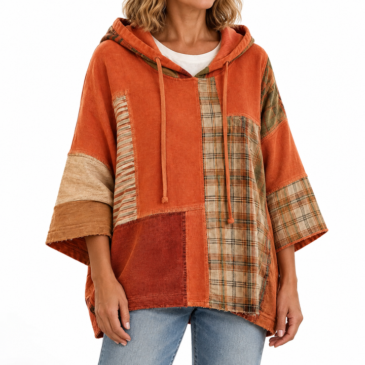 Artistic Autumn Patchwork Hoodie — Elina Dublin studio photograph
