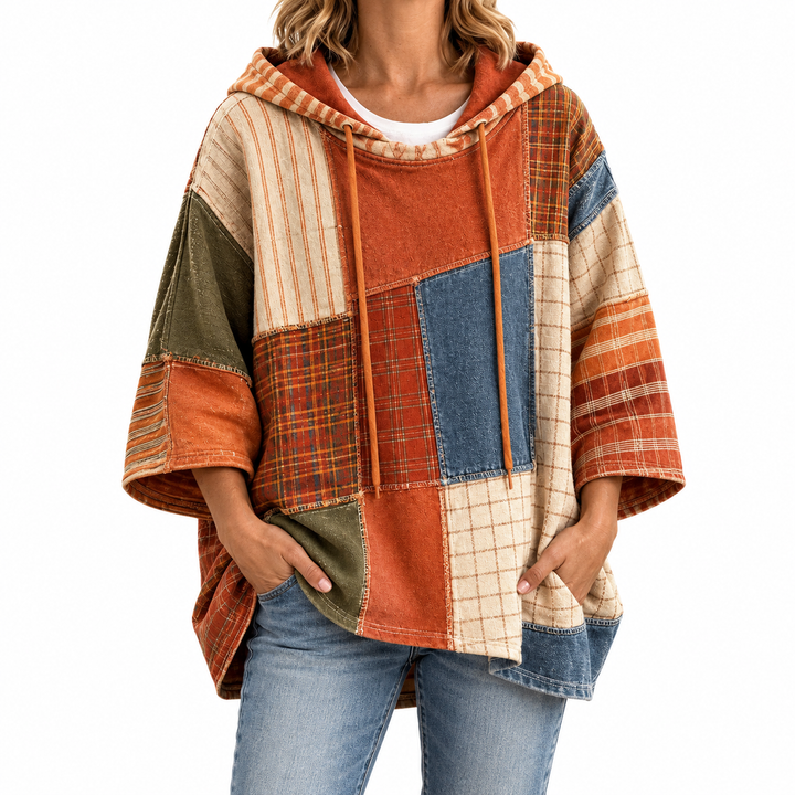 Women's Artistic Patchwork Hoodie — Elina Dublin studio photograph