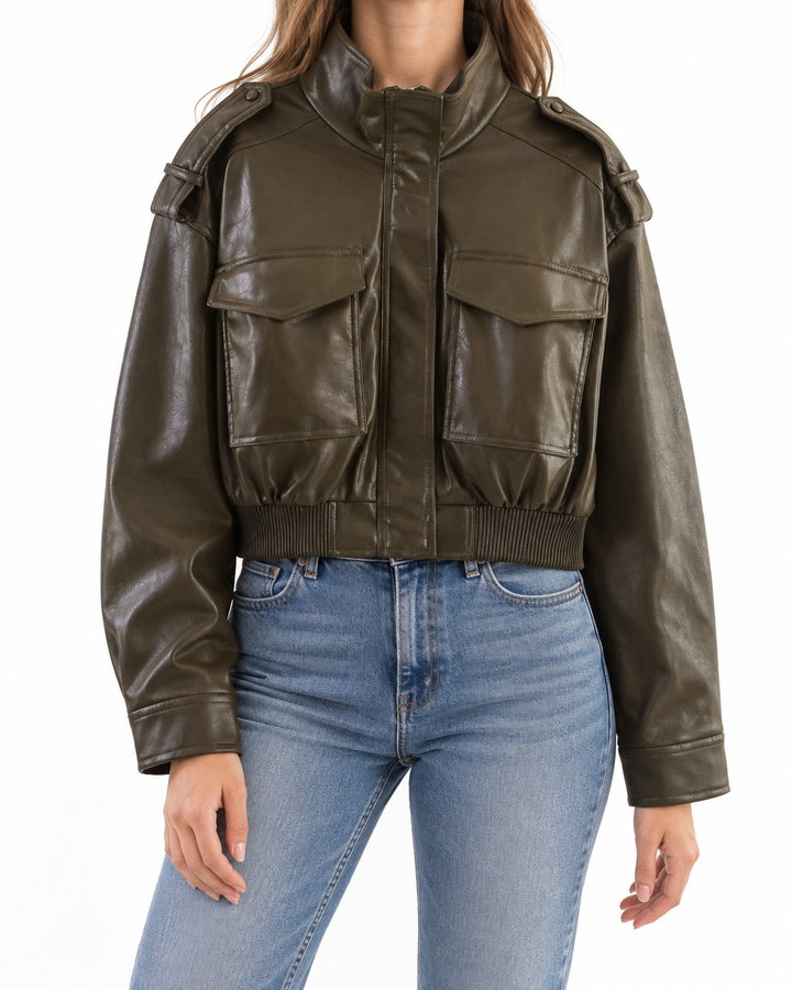 ZOYA™ – Faux Leather Biker Short Jacket — Elina Dublin studio photograph