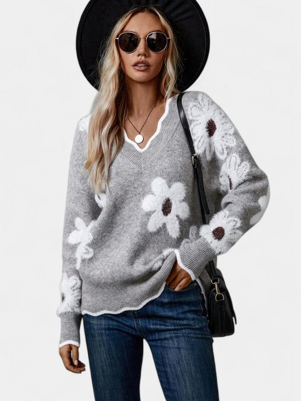 Thea Elegant Floral Sweater with V-Neck | Elina Dublin