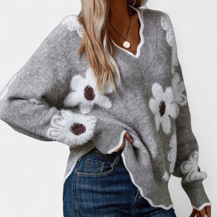 Thea Elegant Floral Sweater with V-Neck | Elina Dublin