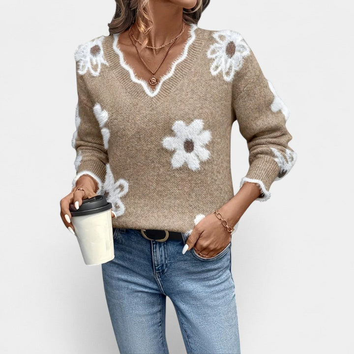 Thea Elegant Floral Sweater with V-Neck | Elina Dublin