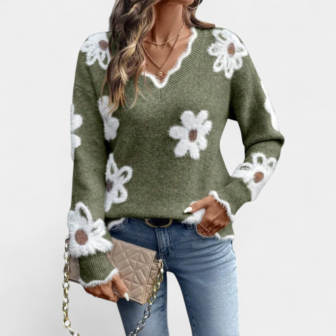 Thea Elegant Floral Sweater with V-Neck | Elina Dublin
