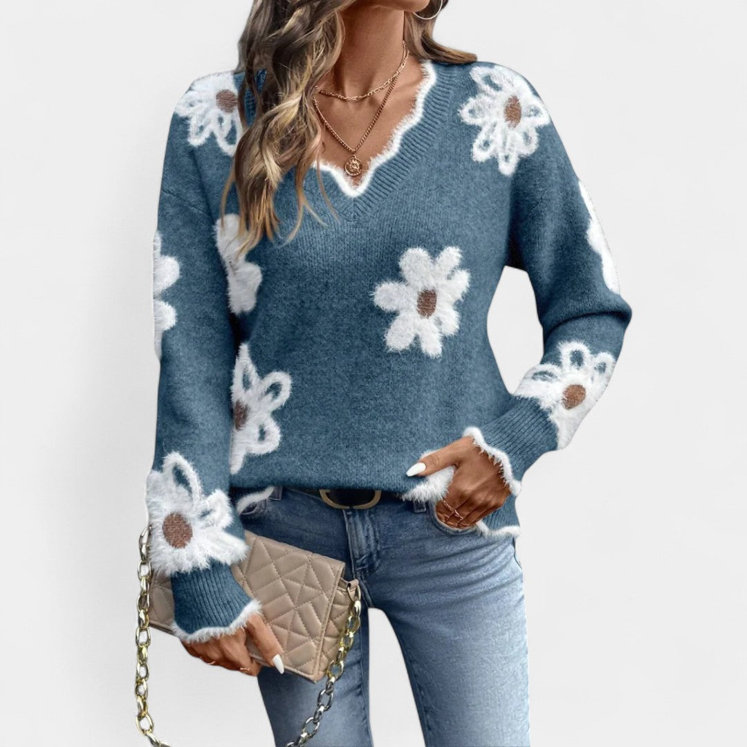 Thea Elegant Floral Sweater with V-Neck | Elina Dublin