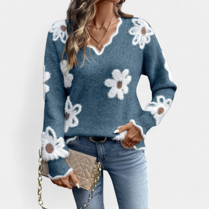Thea Elegant Floral Sweater with V-Neck | Elina Dublin
