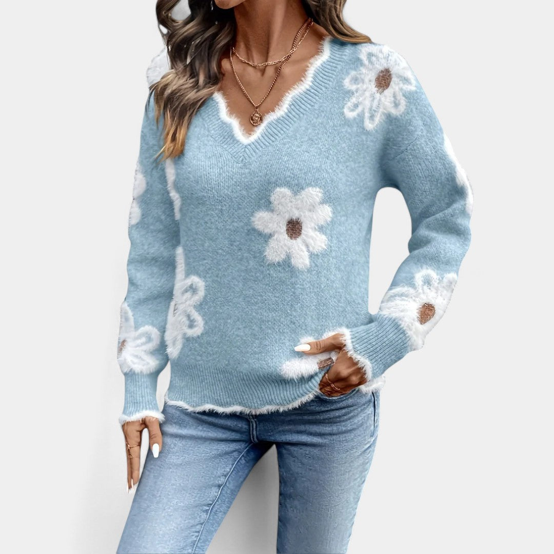 Thea Elegant Floral Sweater with V-Neck | Elina Dublin