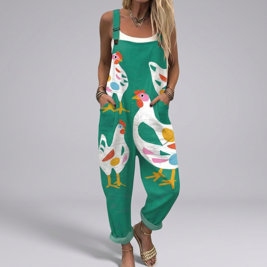 Deirdre - Printed dungarees with colorful chickens | Elina Dublin