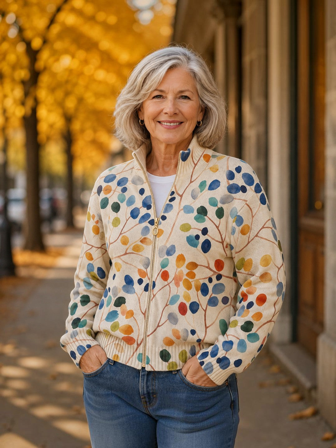 Consuelo | Knitted Cardigan with Multicolour Leaf Pattern | Elina Dublin