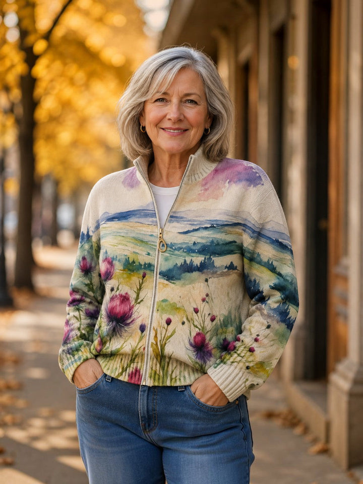 Montserrat | Cardigan with Thistle and Landscape Motif | Elina Dublin