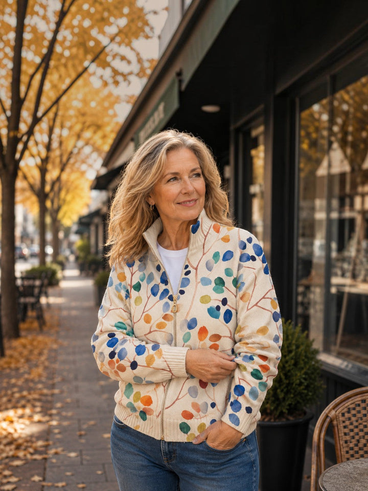 Consuelo | Knitted Cardigan with Multicolour Leaf Pattern | Elina Dublin