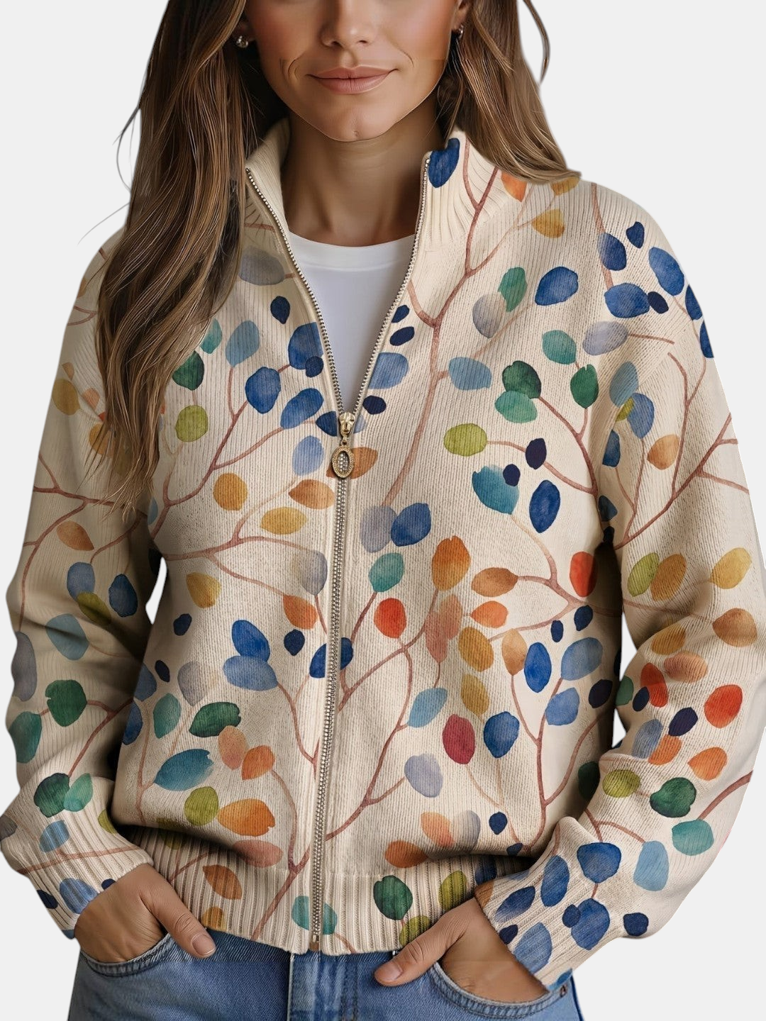 Consuelo | Knitted Cardigan with Multicolour Leaf Pattern | Elina Dublin