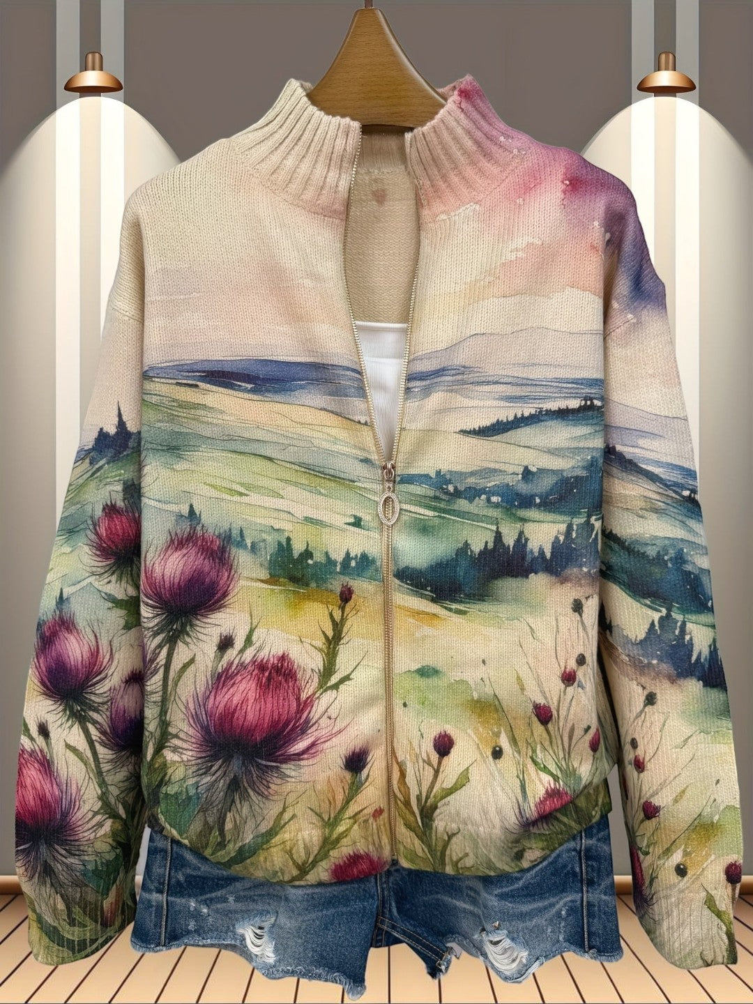 Montserrat | Cardigan with Thistle and Landscape Motif | Elina Dublin