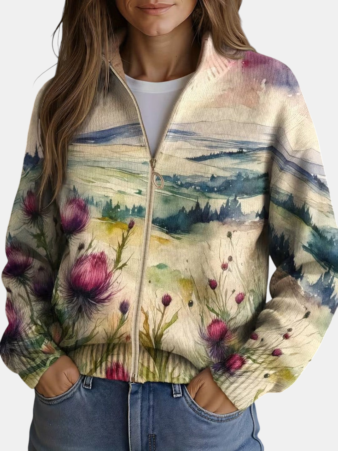 Montserrat | Cardigan with Thistle and Landscape Motif | Elina Dublin