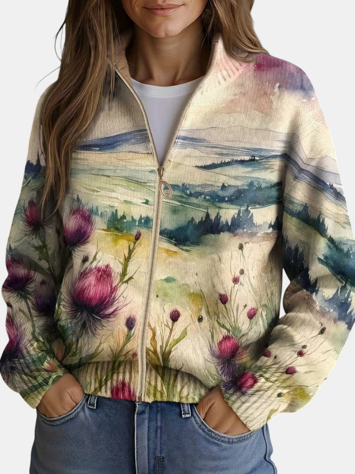 Montserrat | Cardigan with Thistle and Landscape Motif | Elina Dublin