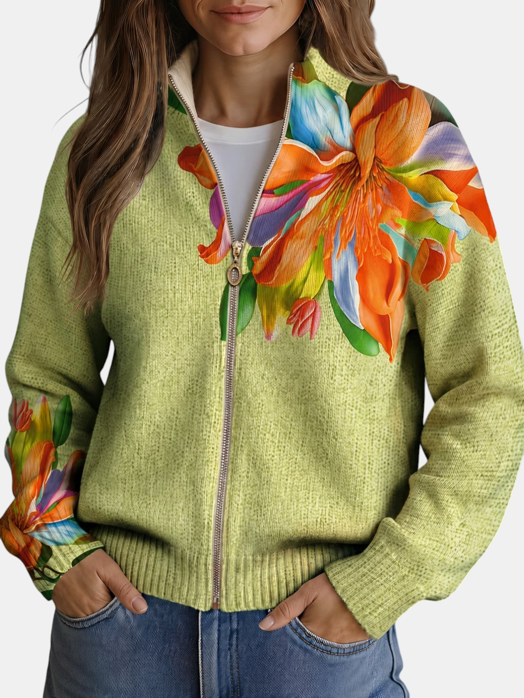 Amparo | Knitted Cardigan with Multicolour Lily Motif | Elina Dublin