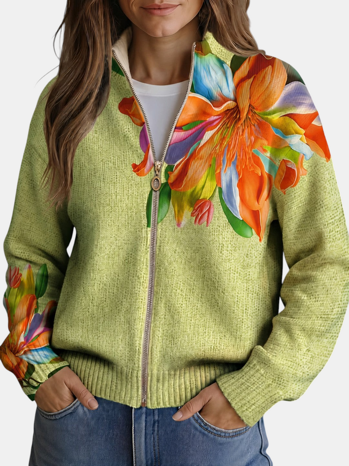 Amparo | Knitted Cardigan with Multicolour Lily Motif | Elina Dublin