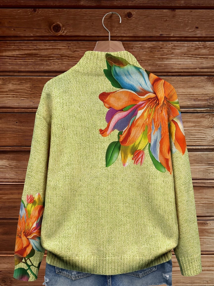Amparo | Knitted Cardigan with Multicolour Lily Motif | Elina Dublin