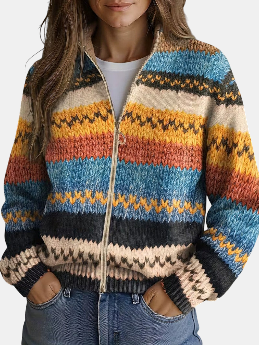 Lorena | Knitted Cardigan with Multicolour Zigzag Pattern | Elina Dublin