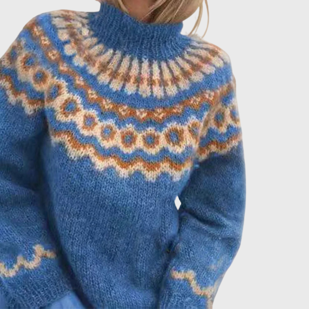 Sonja | Blue Jumper with Stand Collar and Nordic Pattern | Elina Dublin